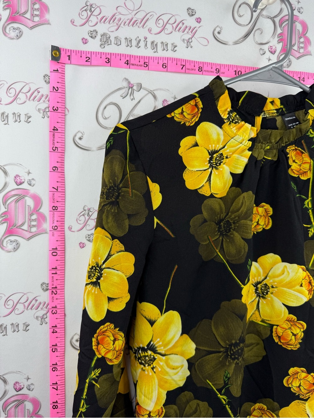 RANLEGE shirt blouse flowers ruffle Yellow Floral Long-Sleeve Blouse - Black - Picture 10 of 16